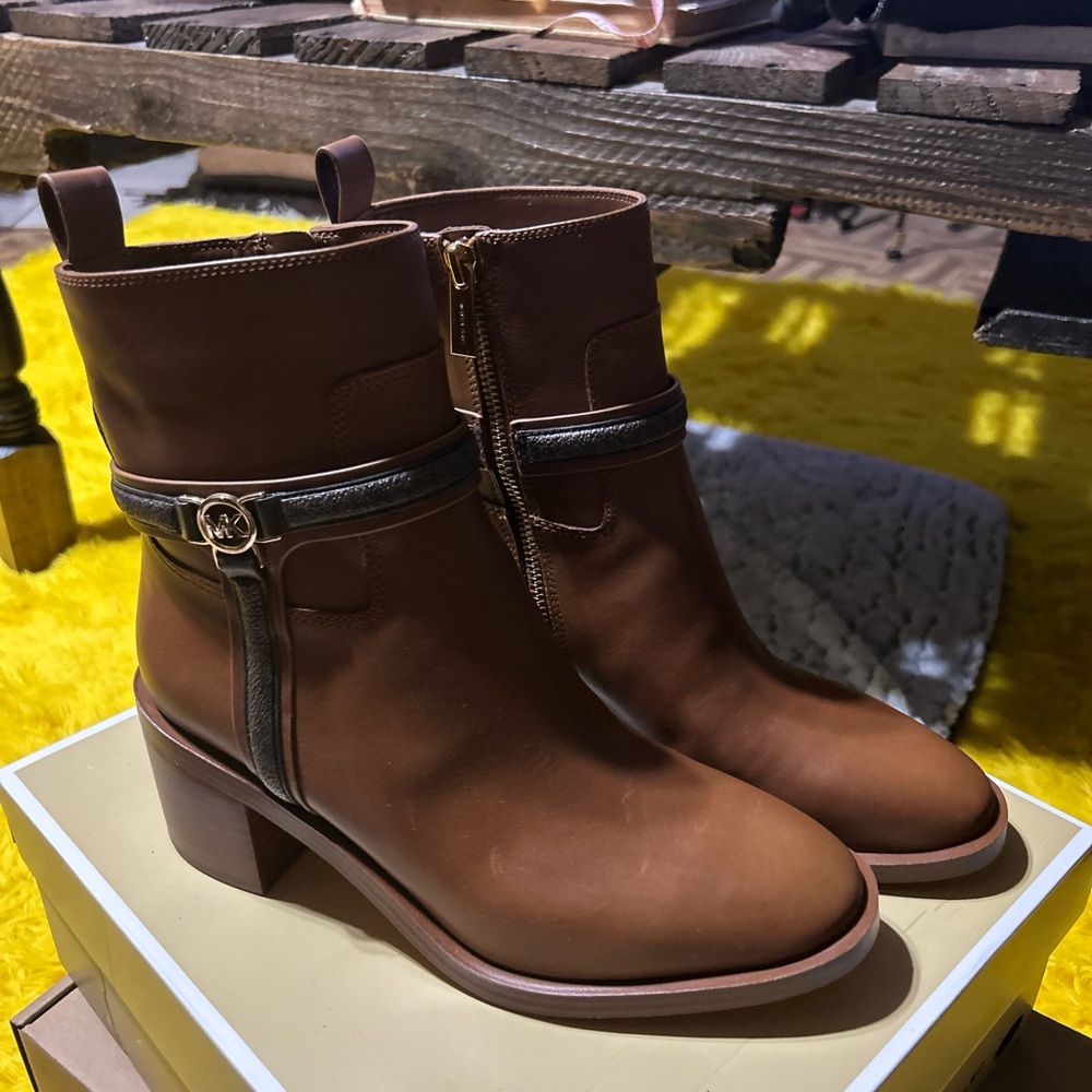 Brown Leather Ankle Booties with Zipper and Strap